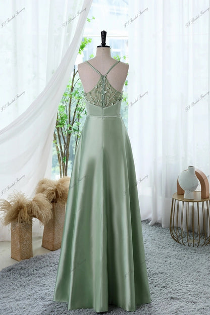 Soft Satin Bridesmaid Dress with Lace 3-D Leaves Illusion Back Slight V Front Sleeveless with Straps Floor Length Formal Dress Gala