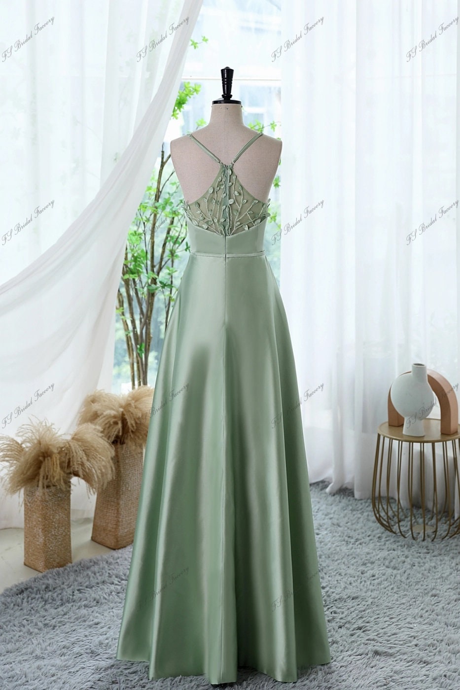 Soft Satin Bridesmaid Dress with Lace 3-D Leaves Illusion Back Slight V Front Sleeveless with Straps Floor Length Formal Dress Gala