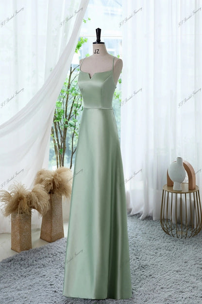 Soft Satin Bridesmaid Dress with Lace 3-D Leaves Illusion Back Slight V Front Sleeveless with Straps Floor Length Formal Dress Gala