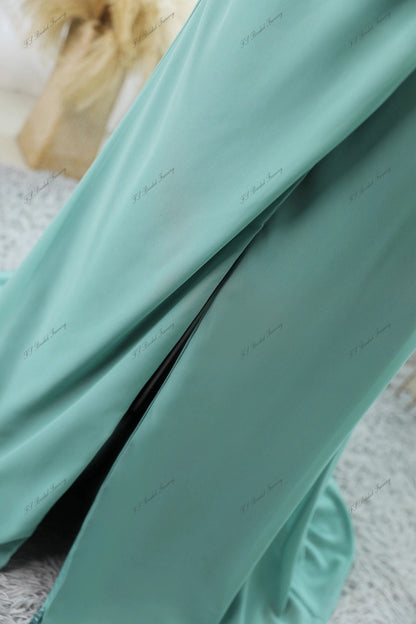 Chiffon A Line Split Bridesmaid Dress With Cowl Front Gathered Waist Formal Dress Sleeveless Front Slit Short Train