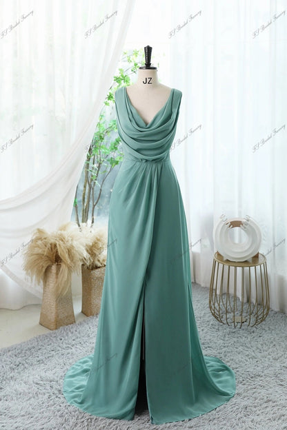 Chiffon A Line Split Bridesmaid Dress With Cowl Front Gathered Waist Formal Dress Sleeveless Front Slit Short Train