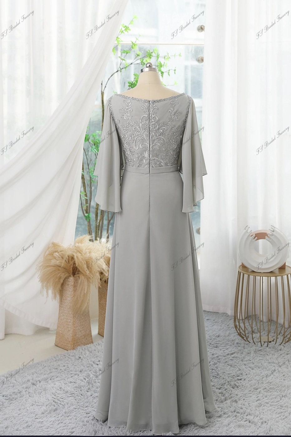 Chiffon Mother Of Bride Dress With Ruffled Sleeves, V-neck And Floral Appliques Short Sleeve Flutter Sleeve V Neckline Floor Length Classic