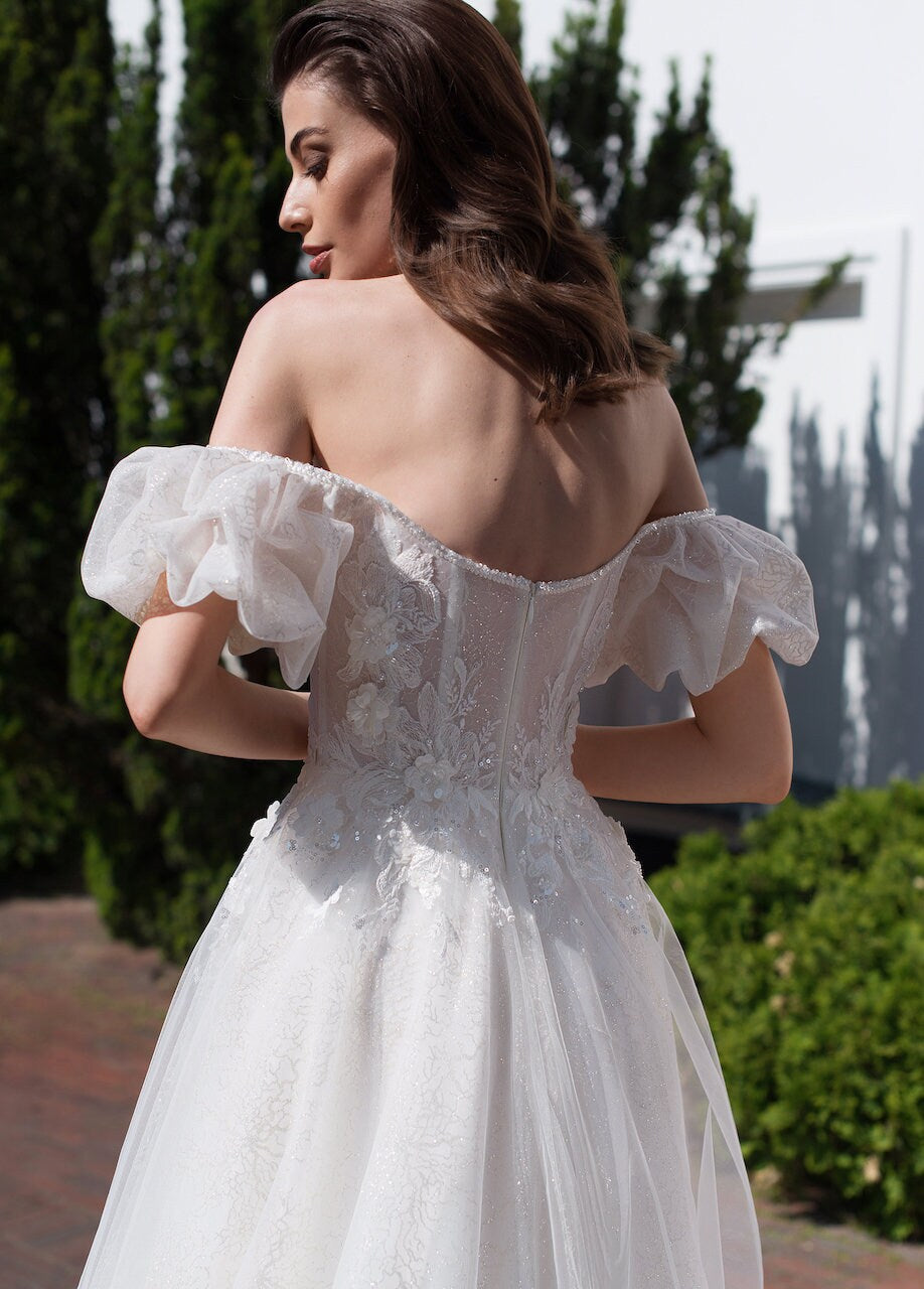 Charming Off-Shoulder Wedding Dress with 3D Floral Lace Detailing and Sheer Sleeves - Romantic Tulle Aline Bridal Gown