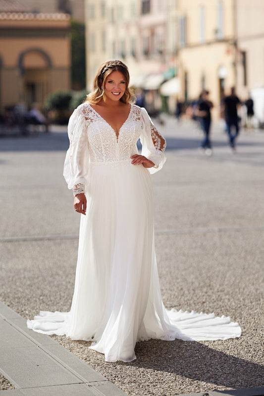 Modern Flowy Aline Wedding Dress Bridal Gown Illusion Lace V Neckline Long Sleeves Corset Back Chiffon Skirt with Train