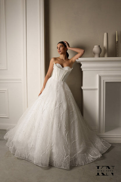 Elegant Strapless A-Line Wedding Dress with Beaded Corset Bodice and Flowing Skirt Ball Gown Bridal Gown