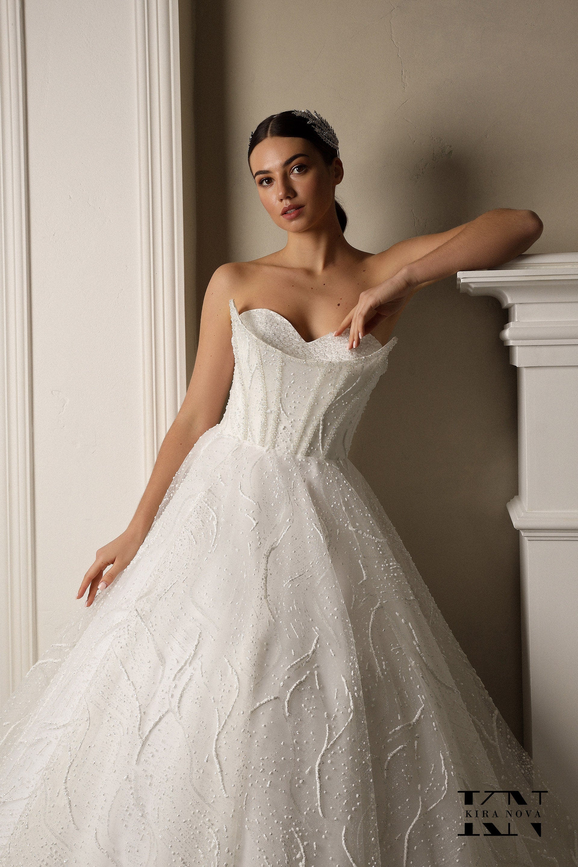 Elegant Strapless A-Line Wedding Dress with Beaded Corset Bodice and Flowing Skirt Ball Gown Bridal Gown