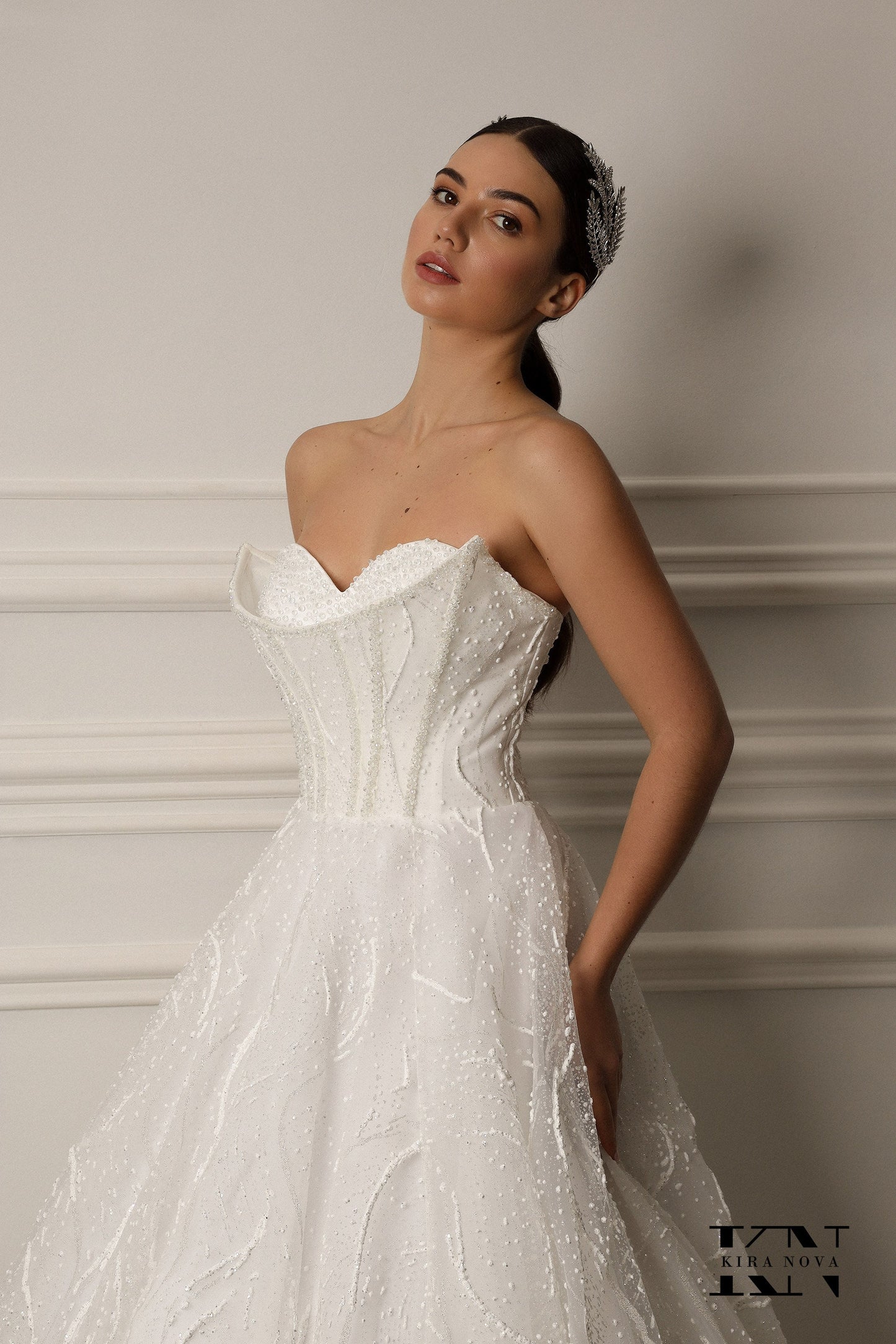 Elegant Strapless A-Line Wedding Dress with Beaded Corset Bodice and Flowing Skirt Ball Gown Bridal Gown