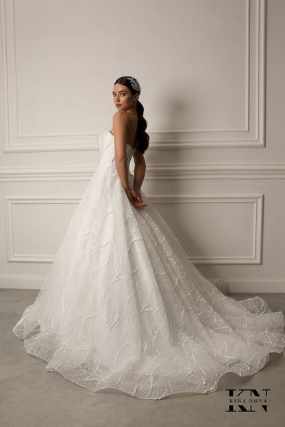 Elegant Strapless A-Line Wedding Dress with Beaded Corset Bodice and Flowing Skirt Ball Gown Bridal Gown