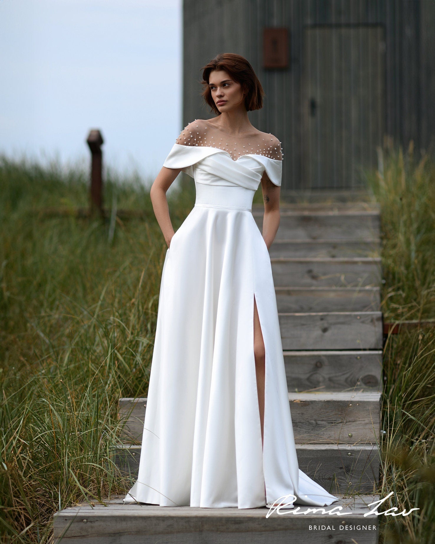 Off the shoulder cape wedding dress best sale