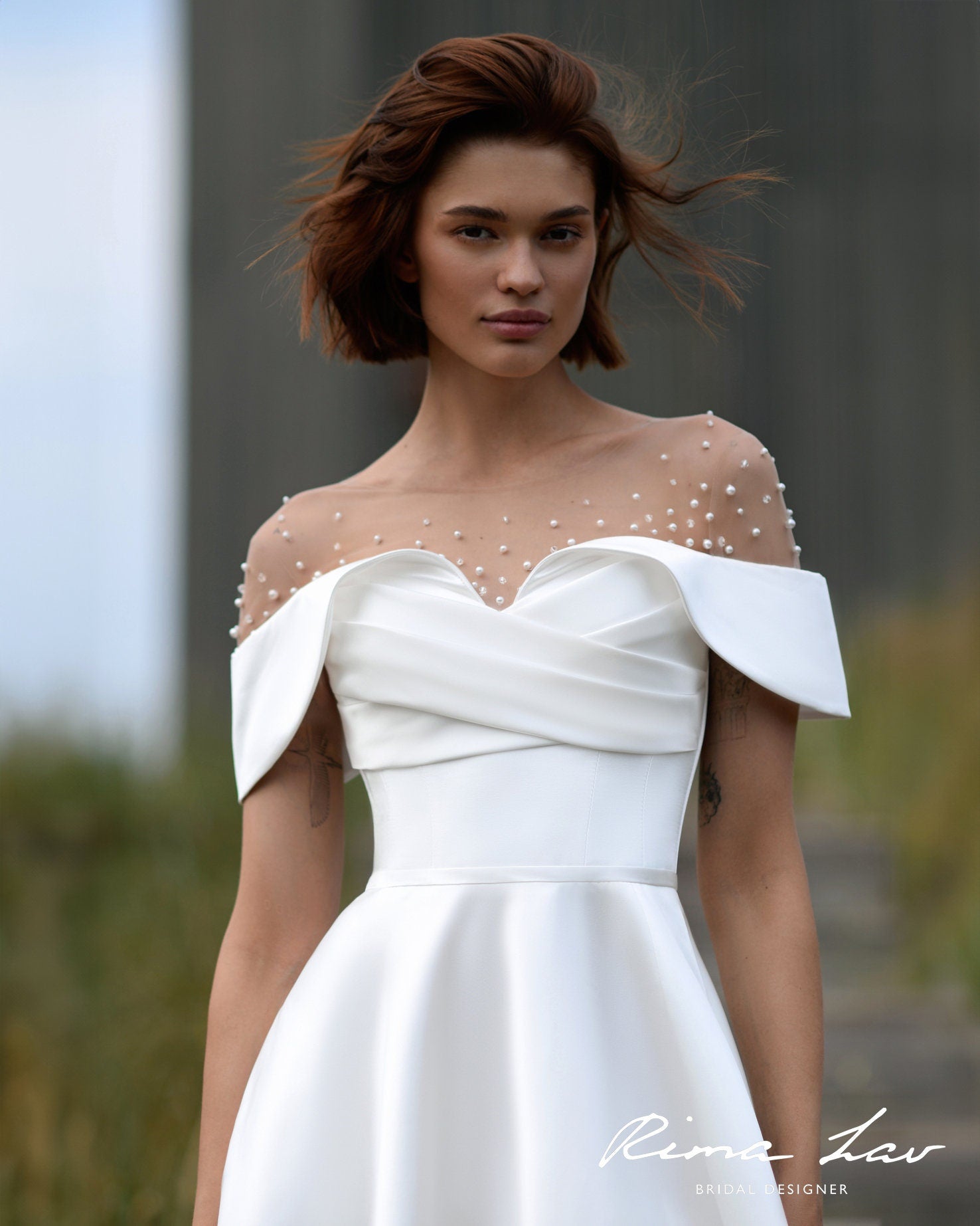 Elegant Off-Shoulder Bridal Gown with Sheer Cape and Beaded Detailing Aline Wedding Dress with Side Slit Minimalist Style