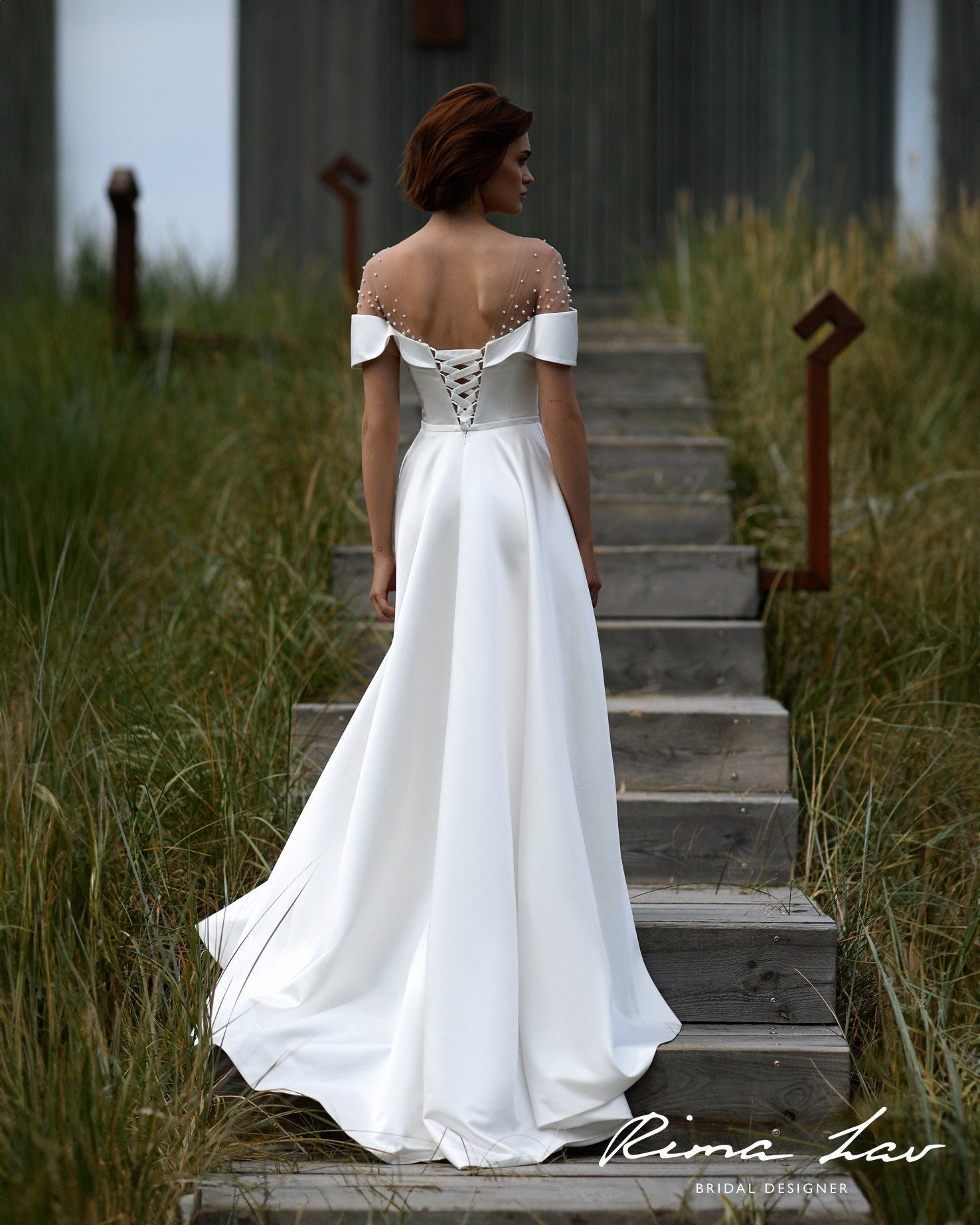 Elegant Off-Shoulder Bridal Gown with Sheer Cape and Beaded Detailing Aline Wedding Dress with Side Slit Minimalist Style