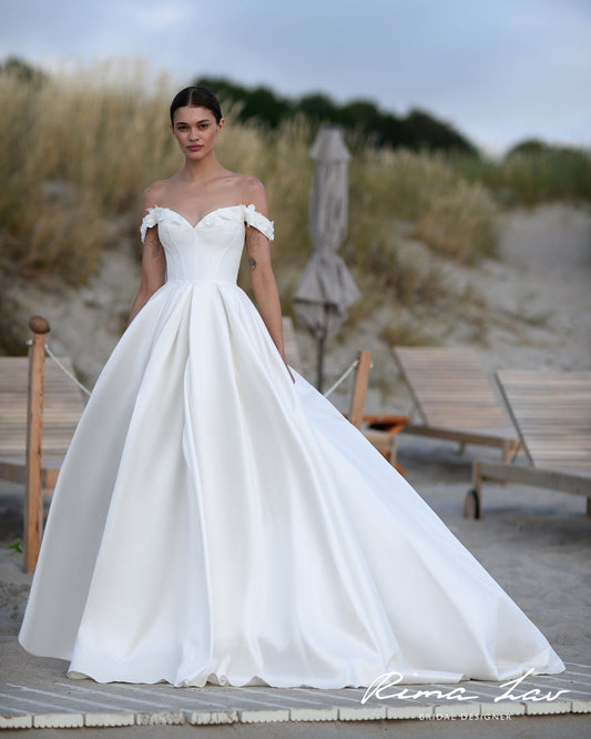 Luxury Satin A-Line Wedding Dress with Off-Shoulder Floral Accents Full Skirt Sweetheart Neckline Backless Design Bridal Gown