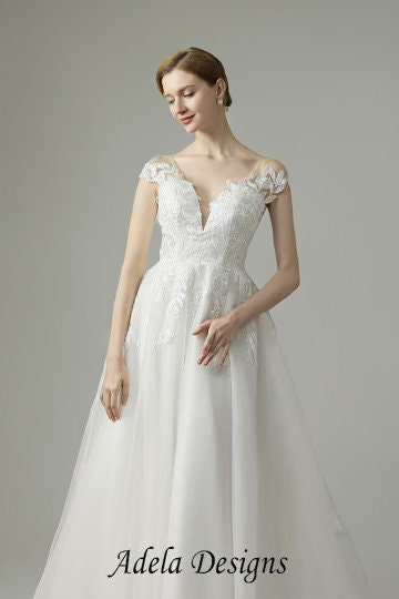 A-Line Simple Lace Tulle Wide V Neckline Short Cape Sleeve Wedding Dress Bridal Gown with Train Open Illusion Back with Buttons