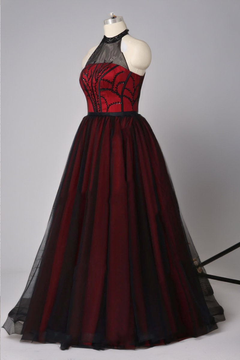 Stunning Red and Black Tulle Halter Wedding Dress with Sequin Embellishments Sleeveless Bridal Gown Floor Length Open Back
