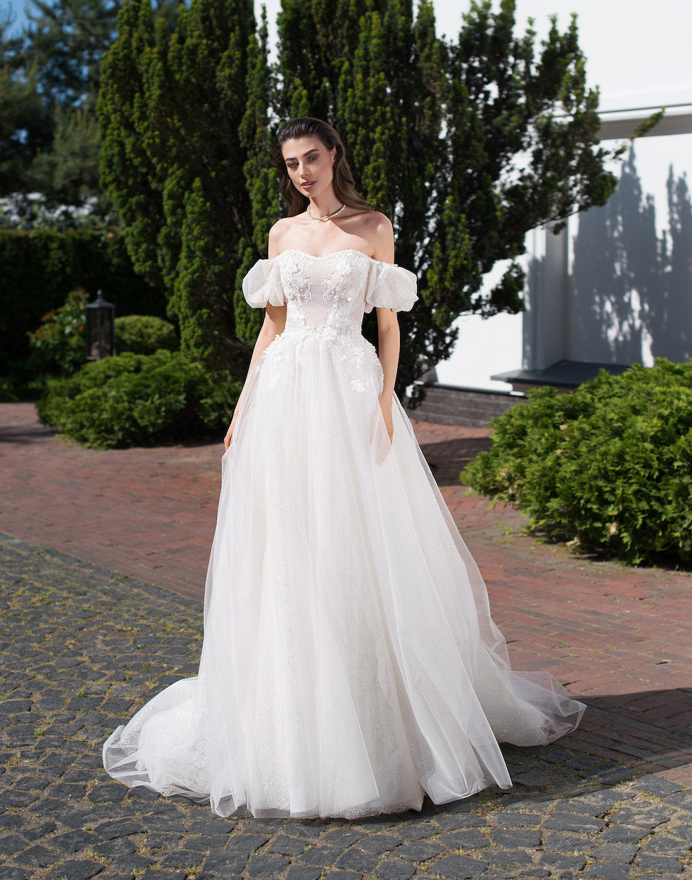 Charming Off-Shoulder Wedding Dress with 3D Floral Lace Detailing and Sheer Sleeves - Romantic Tulle Aline Bridal Gown