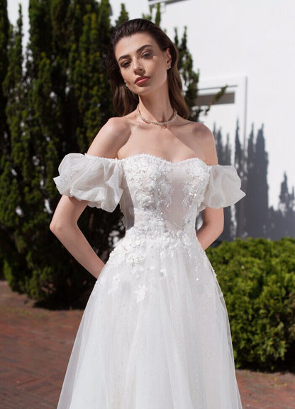 Charming Off-Shoulder Wedding Dress with 3D Floral Lace Detailing and Sheer Sleeves - Romantic Tulle Aline Bridal Gown