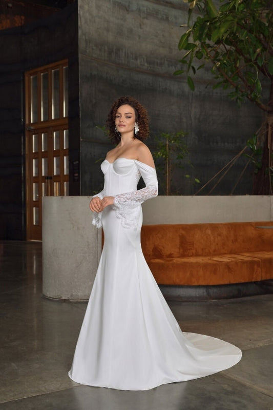 Elegant Off-Shoulder Wedding Dress with Lace Sleeves and Fitted Satin Bodice - Sleek Mermaid Bridal Gown for Modern and Sophisticated Brides