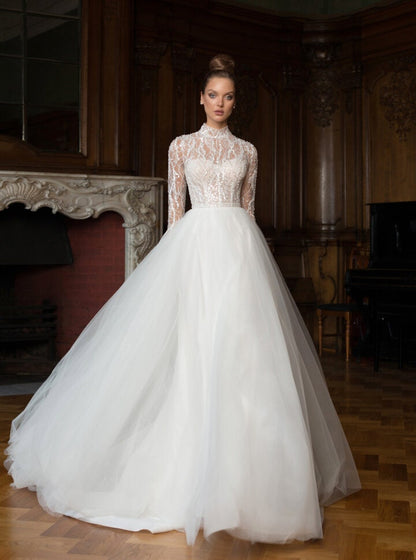 Elegant Long-Sleeve Wedding Dress with High Neck and Beaded Lace Bodice - Classic Tulle A-Line Bridal Gown Timeless Sophisticated Weddings