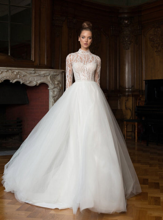 Elegant Long-Sleeve Wedding Dress with High Neck and Beaded Lace Bodice - Classic Tulle A-Line Bridal Gown Timeless Sophisticated Weddings