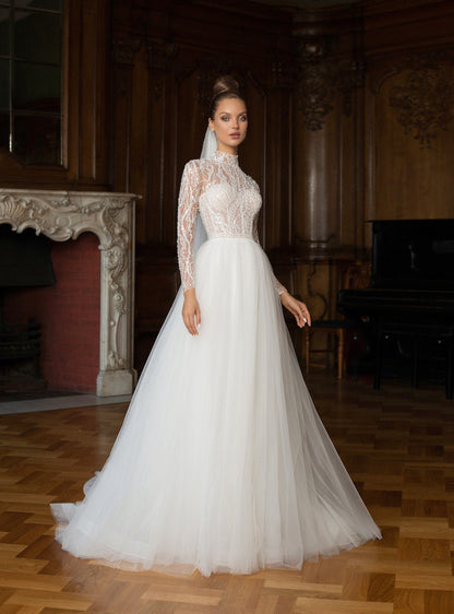 Elegant Long-Sleeve Wedding Dress with High Neck and Beaded Lace Bodice - Classic Tulle A-Line Bridal Gown Timeless Sophisticated Weddings