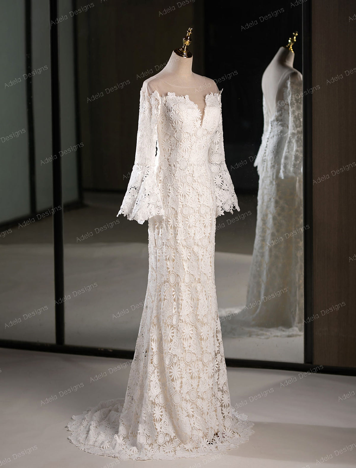 Elegant Boho Lace Long-Sleeve Wedding Dress with Floral Patterns and Flared Cuffs Bell Sleeve Fit and Flare Style