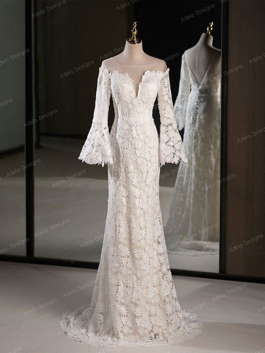 Elegant Boho Lace Long-Sleeve Wedding Dress with Floral Patterns and Flared Cuffs Bell Sleeve Fit and Flare Style