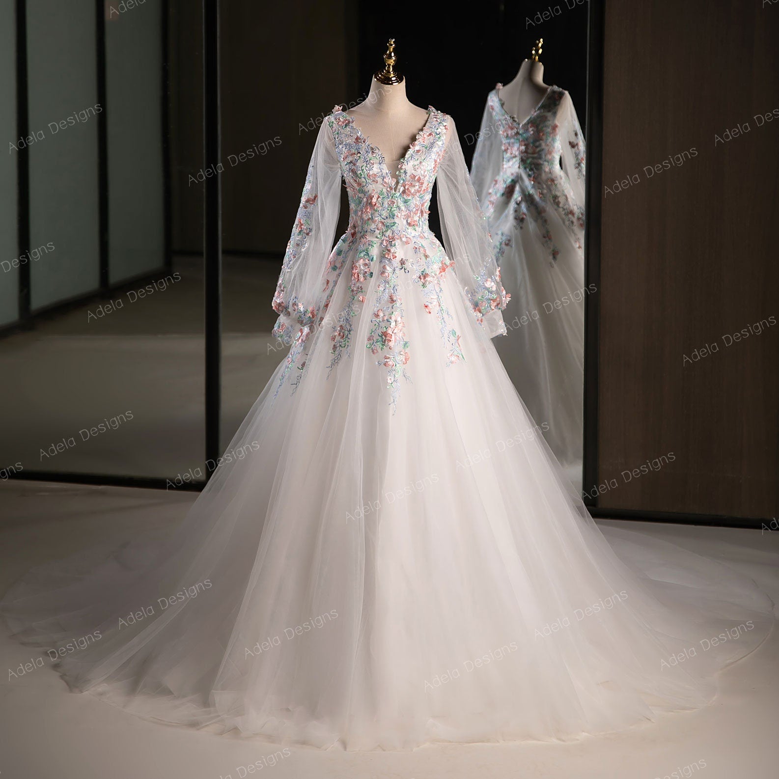 Beautiful Floral Ball Gown Wedding Dress Bridal Gown Long Bishop Sleeves V Neckline V Back