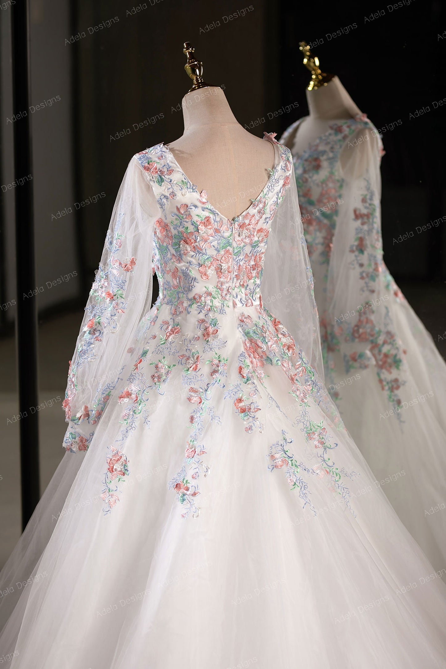 Beautiful Floral Ball Gown Wedding Dress Bridal Gown Long Bishop Sleeves V Neckline V Back