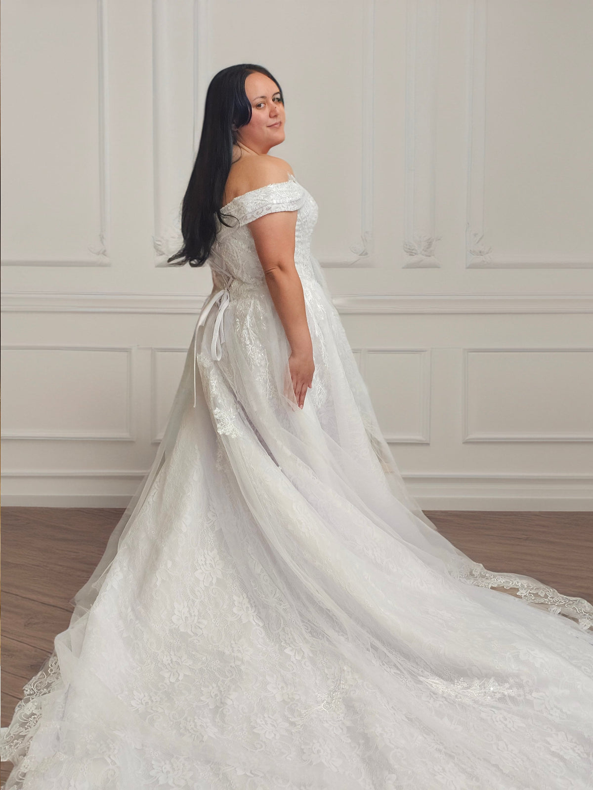 Stunning Beaded Princess Wedding Dress Bridal Gown Ball Gown Style Off the Shoulder Beaded Bodice Long Train