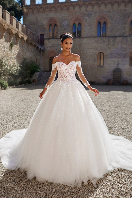 Stunning Off-Shoulder Lace Ball Gown Wedding Dress with Long Sleeves and Chapel Train, Featuring Delicate Appliqués and Sparkle Details