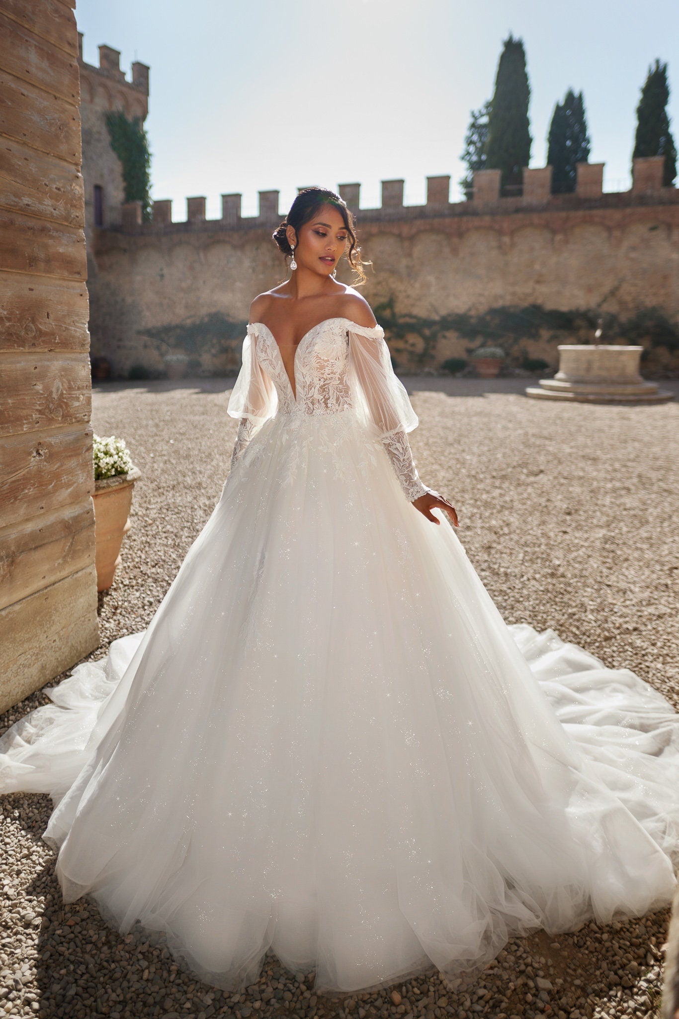 Enchanting Off-Shoulder Tulle Ball Gown Wedding Dress with Plunging Neckline, Detachable Puffy Sleeves, and Delicate Lace Appliqués