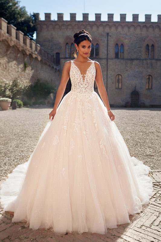 Elegant Lace and Tulle Ball Gown Wedding Dress with Deep V-Neckline and Intricate Floral Appliqués, Featuring a Sparkling Full Skirt