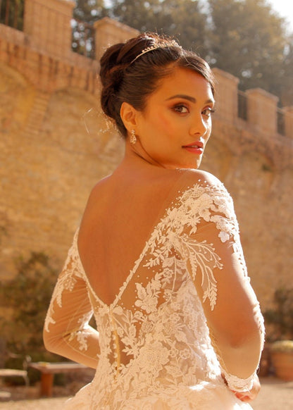 Elegant Long-Sleeve Lace Ball Gown Wedding Dress with Illusion Neckline and Sparkling Tulle Skirt, Featuring Intricate Floral Appliqués