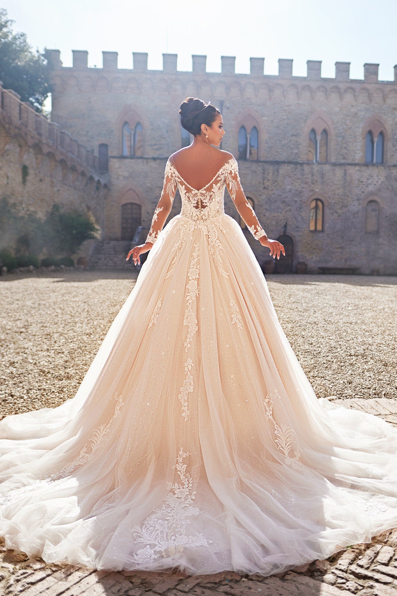 Elegant Long-Sleeve Lace Ball Gown Wedding Dress with Illusion Neckline and Sparkling Tulle Skirt, Featuring Intricate Floral Appliqués