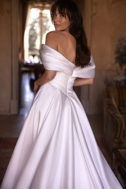 Elegant Aline Off-Shoulder Mikado Satin Wedding Dress with Basque Waist, Featuring Dramatic Train and Structured Gathered Waist Design