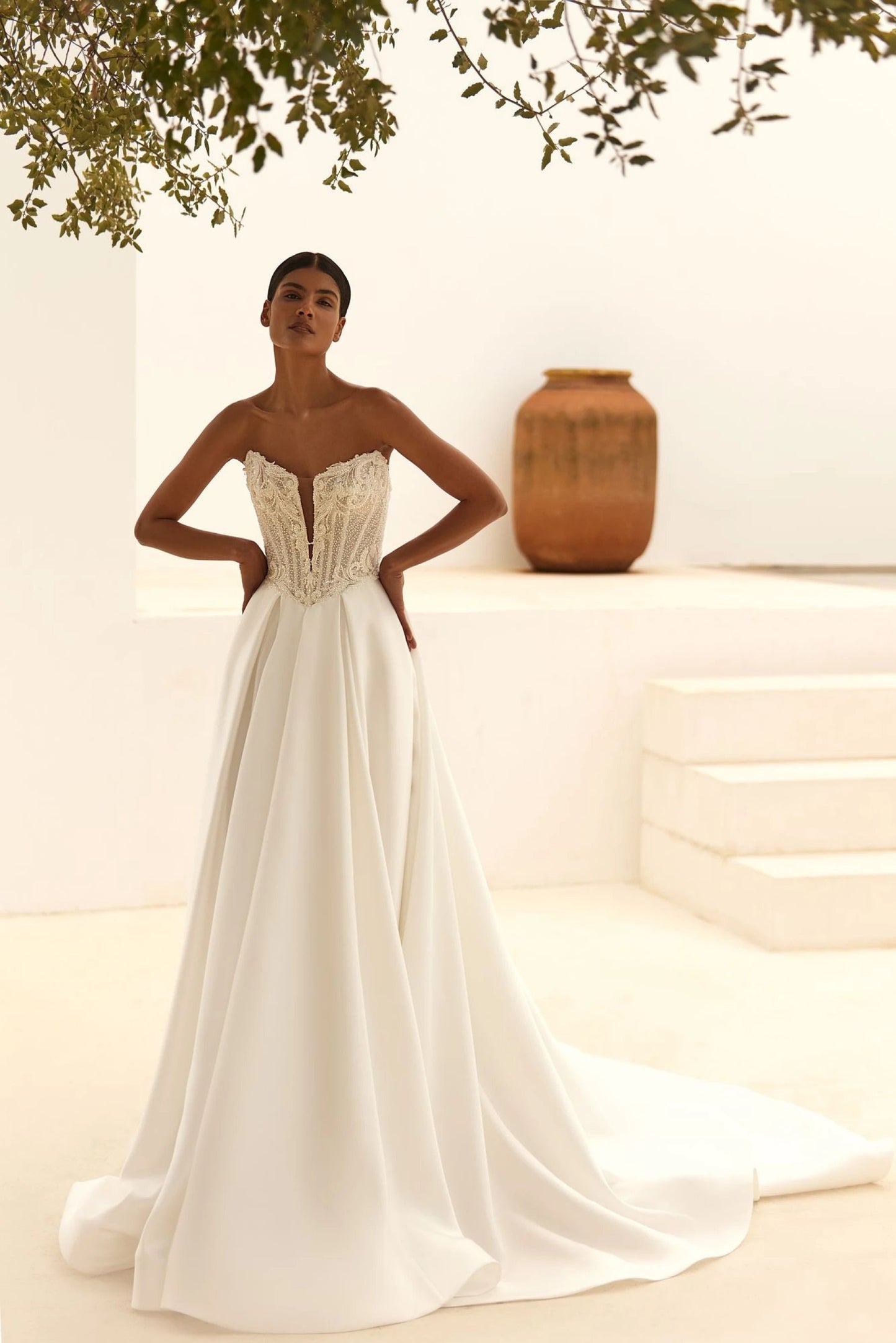 Elegant Aline Sleeveless Strapless Mikado Satin Wedding Dress with Basque Waist, Featuring Dramatic Train and Beaded Bodice