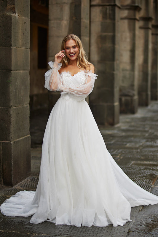 Charming Off-Shoulder A-Line Wedding Dress with Detachable Sheer Sleeves and Lace Bodice Bridal Gown