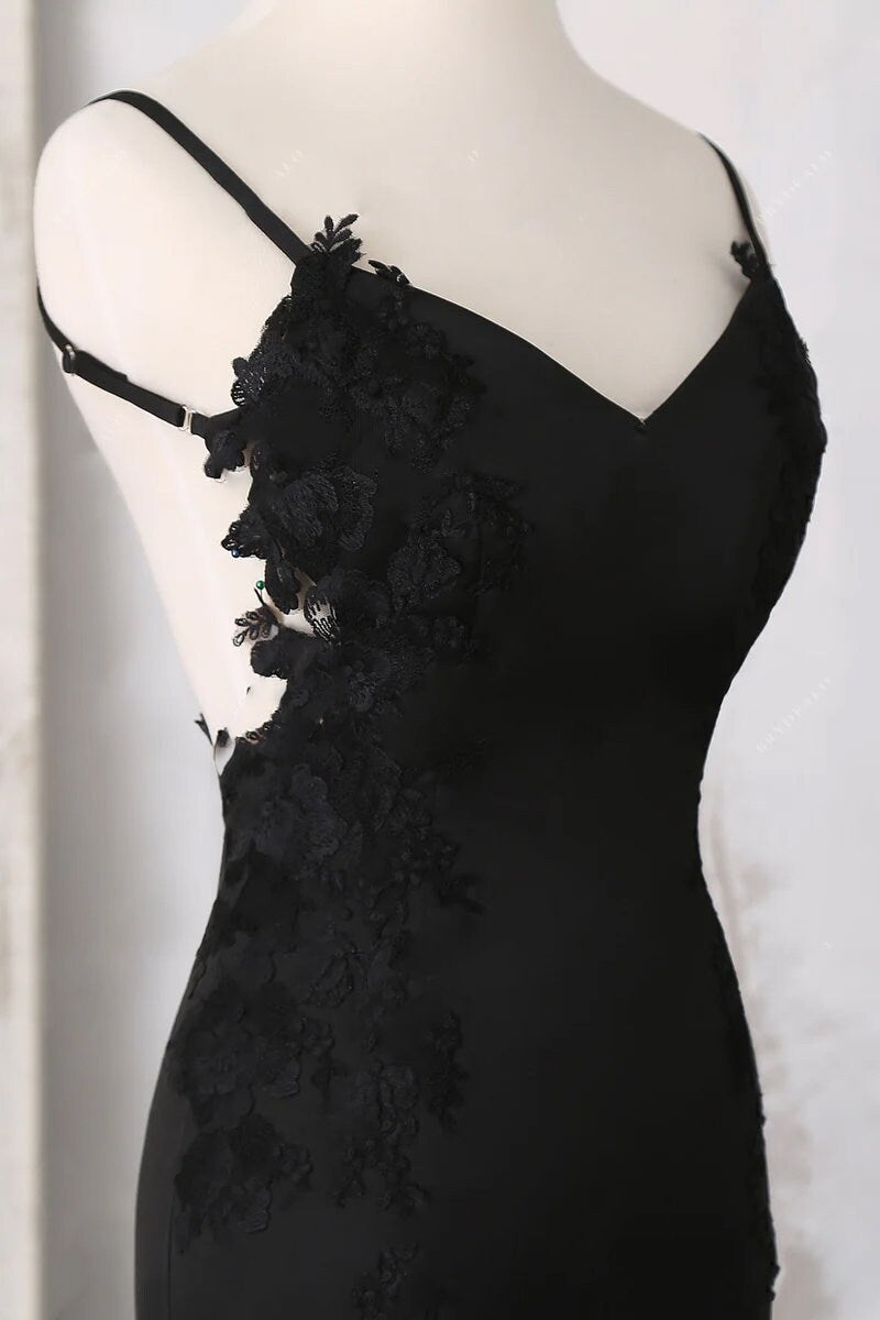 Elegant Gothic Black Lace Appliques Satin Mermaid Wedding Dress with Lace Edge Chapel Train and Low Open Back Sleeveless