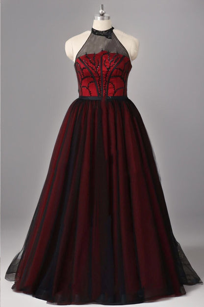 Stunning Red and Black Tulle Halter Wedding Dress with Sequin Embellishments Sleeveless Bridal Gown Floor Length Open Back