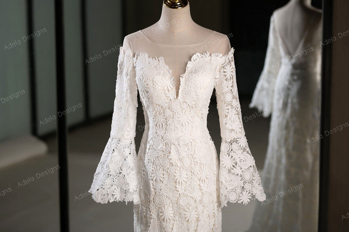 Elegant Boho Lace Long-Sleeve Wedding Dress with Floral Patterns and Flared Cuffs Bell Sleeve Fit and Flare Style