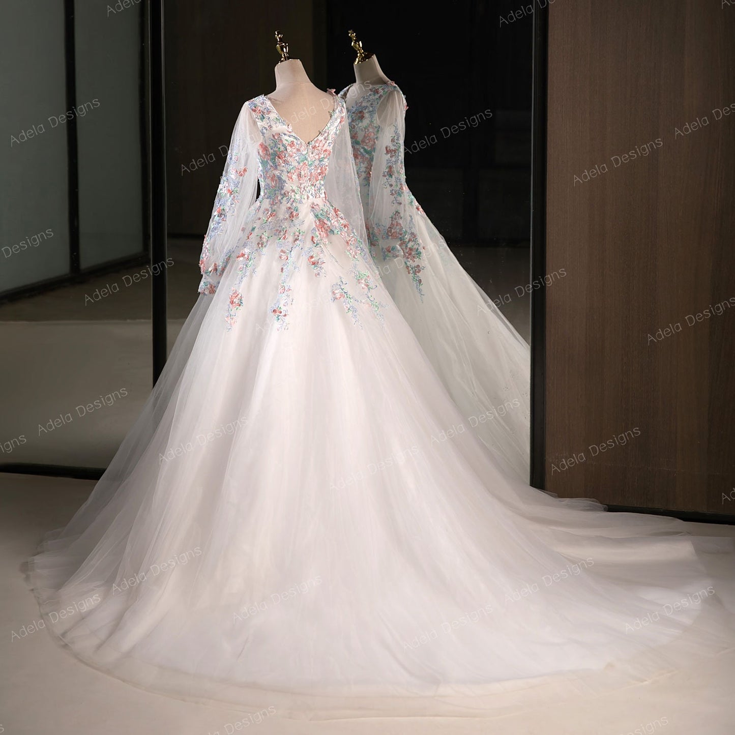 Beautiful Floral Ball Gown Wedding Dress Bridal Gown Long Bishop Sleeves V Neckline V Back