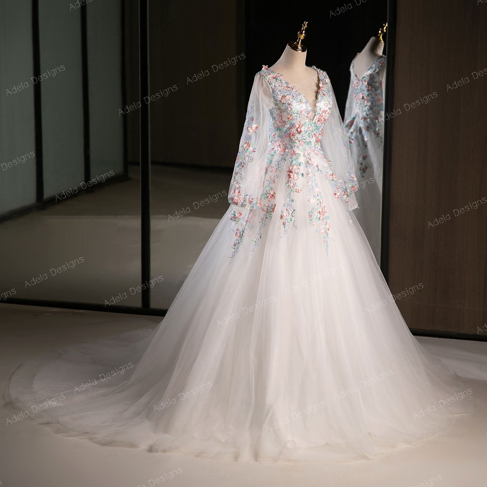 Beautiful Floral Ball Gown Wedding Dress Bridal Gown Long Bishop Sleeves V Neckline V Back