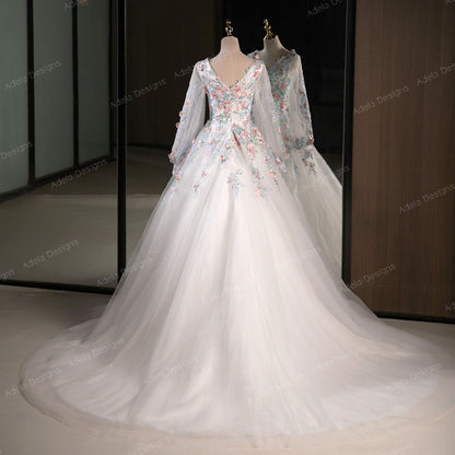 Beautiful Floral Ball Gown Wedding Dress Bridal Gown Long Bishop Sleeves V Neckline V Back