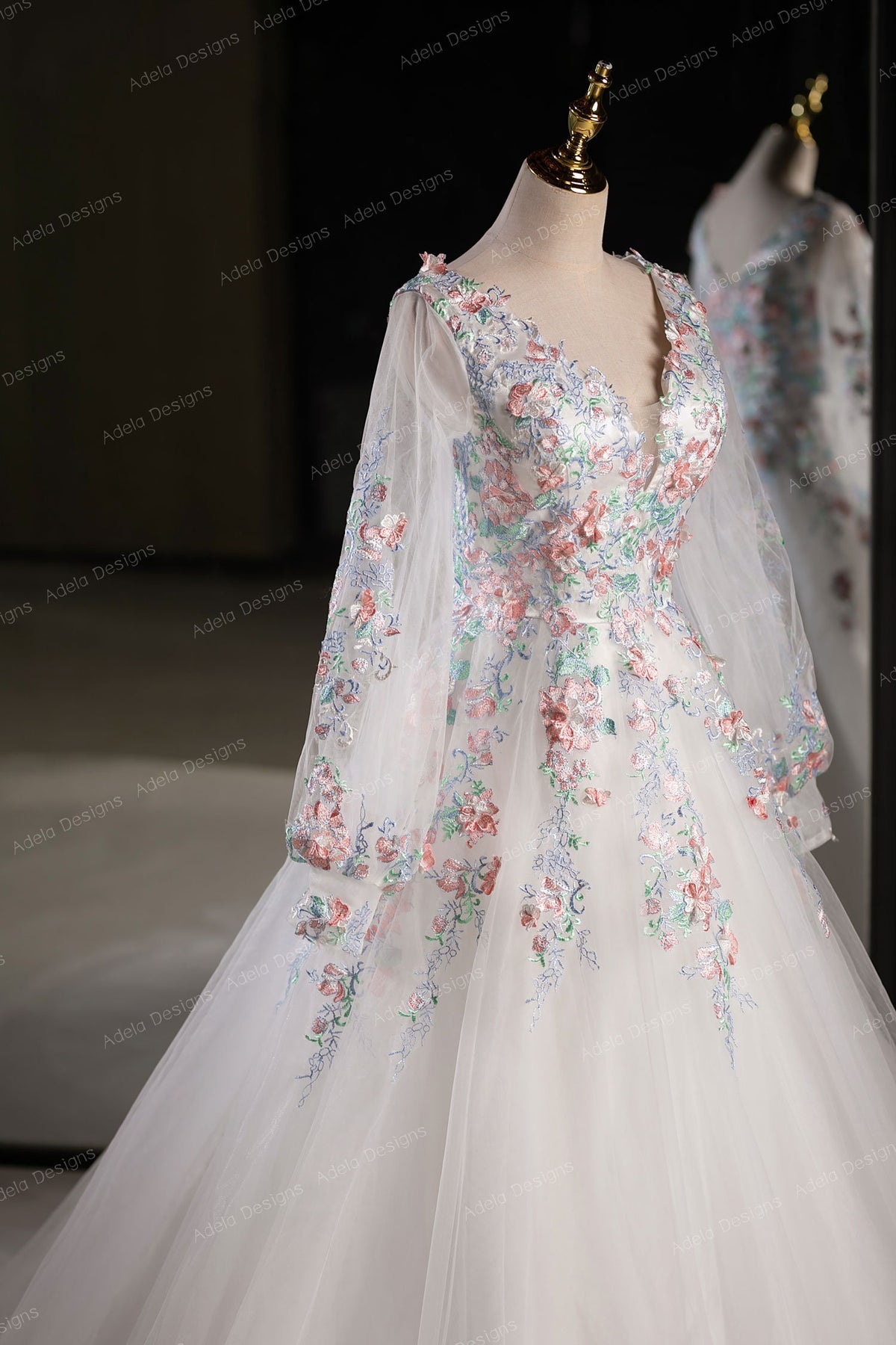 Beautiful Floral Ball Gown Wedding Dress Bridal Gown Long Bishop Sleeves V Neckline V Back