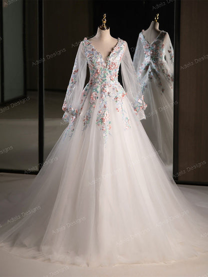 Beautiful Floral Ball Gown Wedding Dress Bridal Gown Long Bishop Sleeves V Neckline V Back