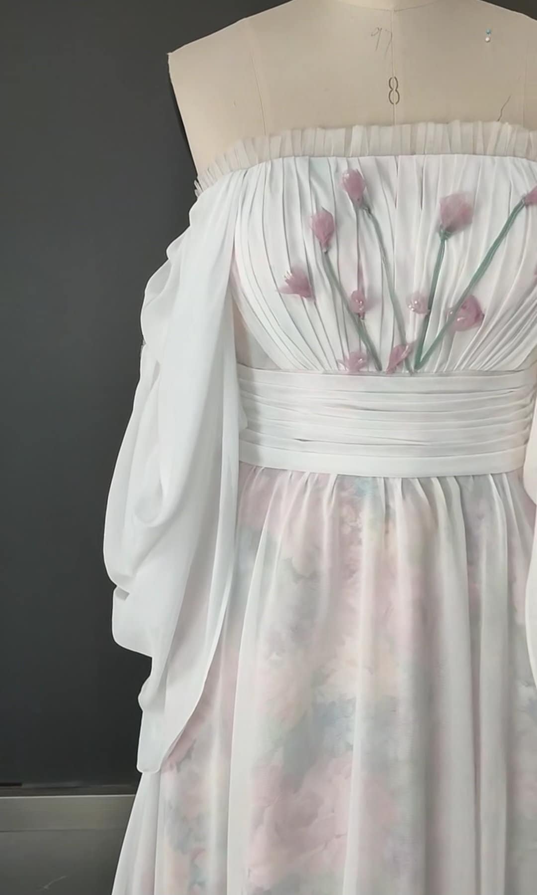 Beautiful Soft Floral Design Wedding Dress Bridal Gown Off the Shoulder Sleeves Straight Neckline Custom Made