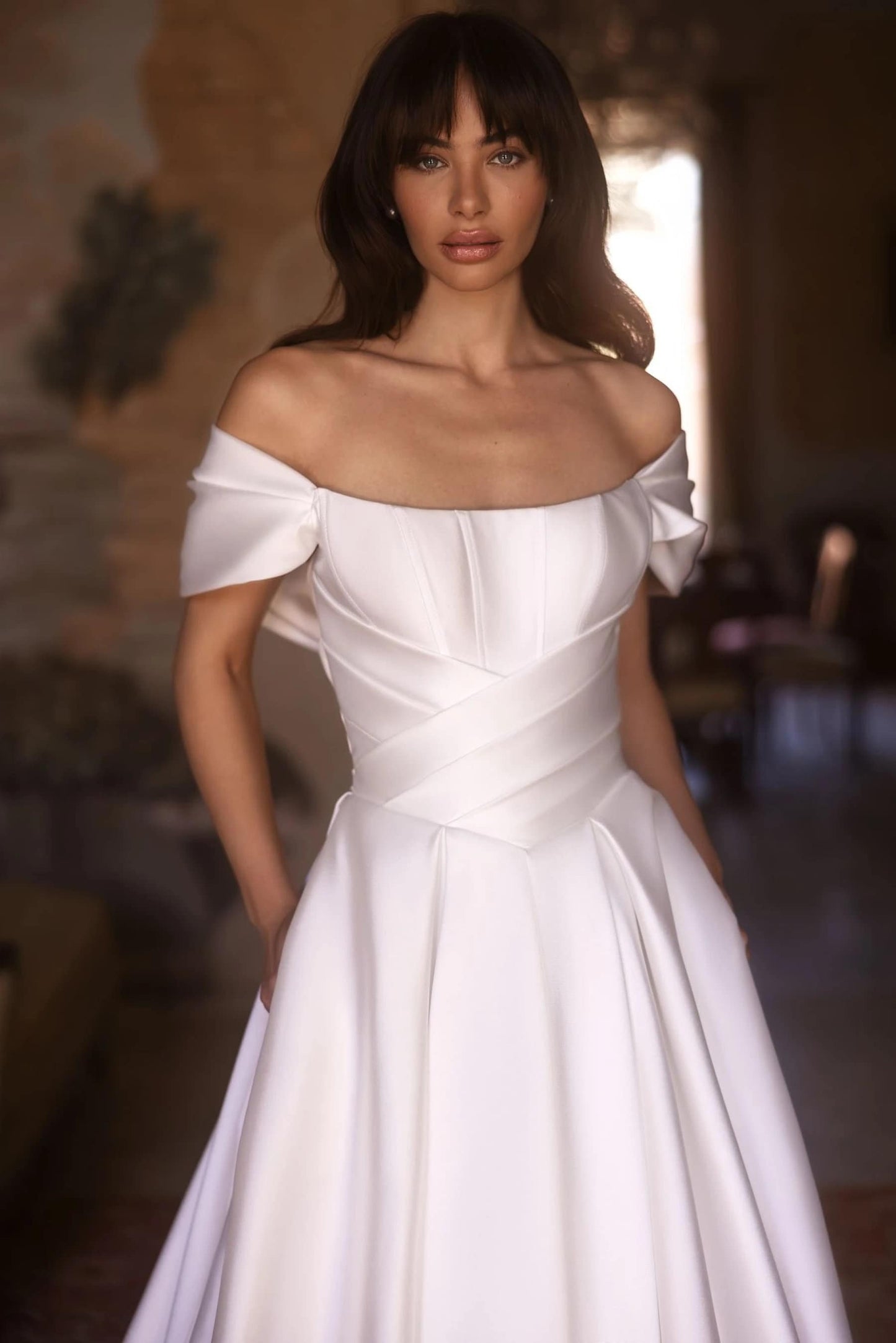 Elegant Aline Off-Shoulder Mikado Satin Wedding Dress with Basque Waist, Featuring Dramatic Train and Structured Gathered Waist Design