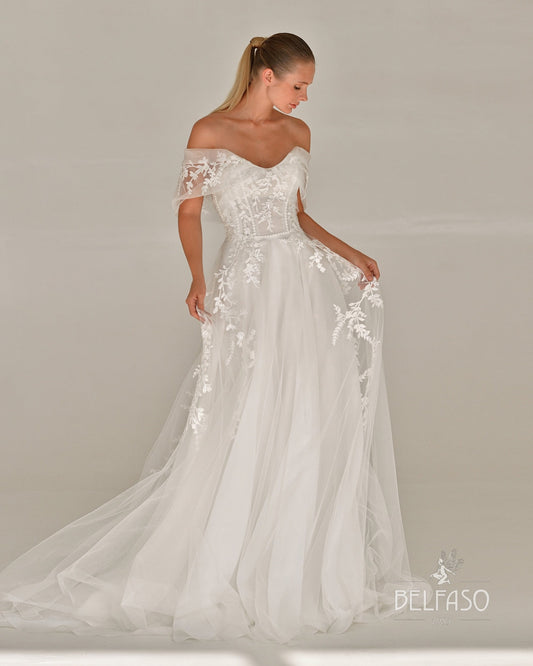 Elegant Off the Shoulder Wedding Dress Bridal Gown Flowing Aline Silhouette, Featuring Floral Lace and Sweetheart Neckline