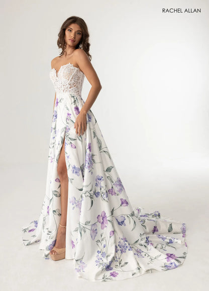 Rachel Allan White Multi Floral Strapless Maxi Dress with slit Size 6