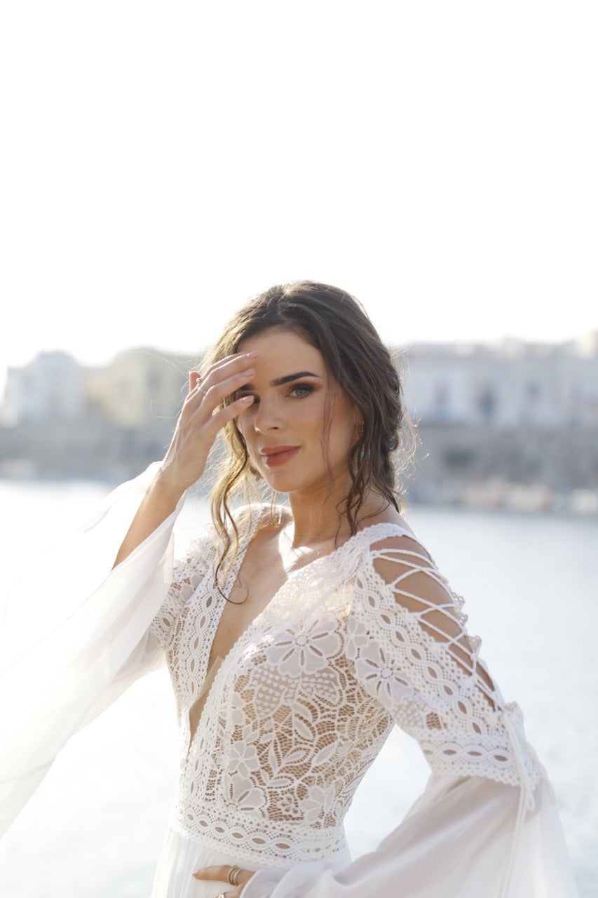 Brenda Boho Lace Wedding Dress with Bell Sleeves | A-Line Gown A & M Enterprises Bridal Brenda Boho Lace Wedding Dress with Bell Sleeves | A-Line Gown A & M Enterprises Bridal